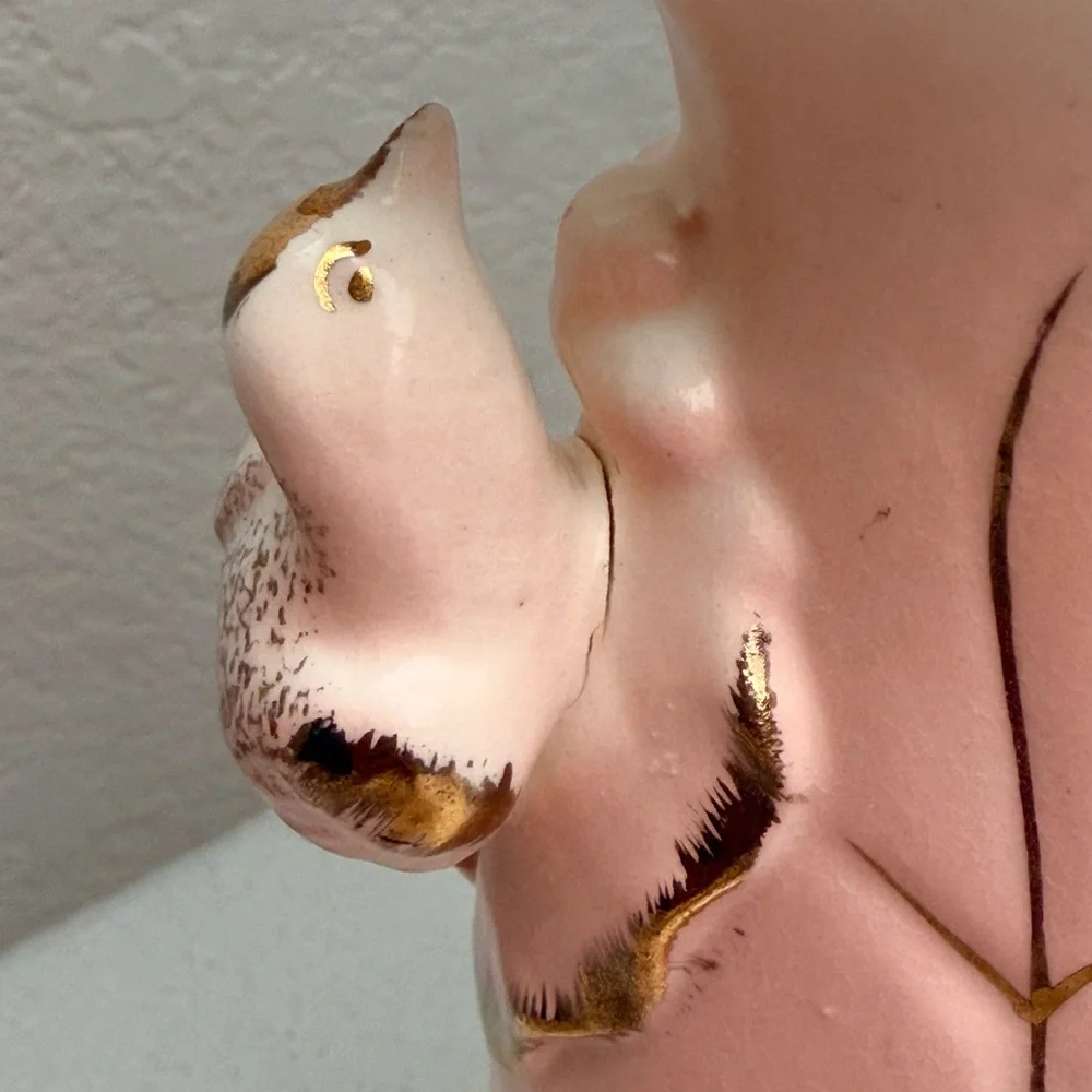 Vintage Pink and Gold Leaf-Detail Porcelain Vase Birds 1950s 1960s Mid-Century